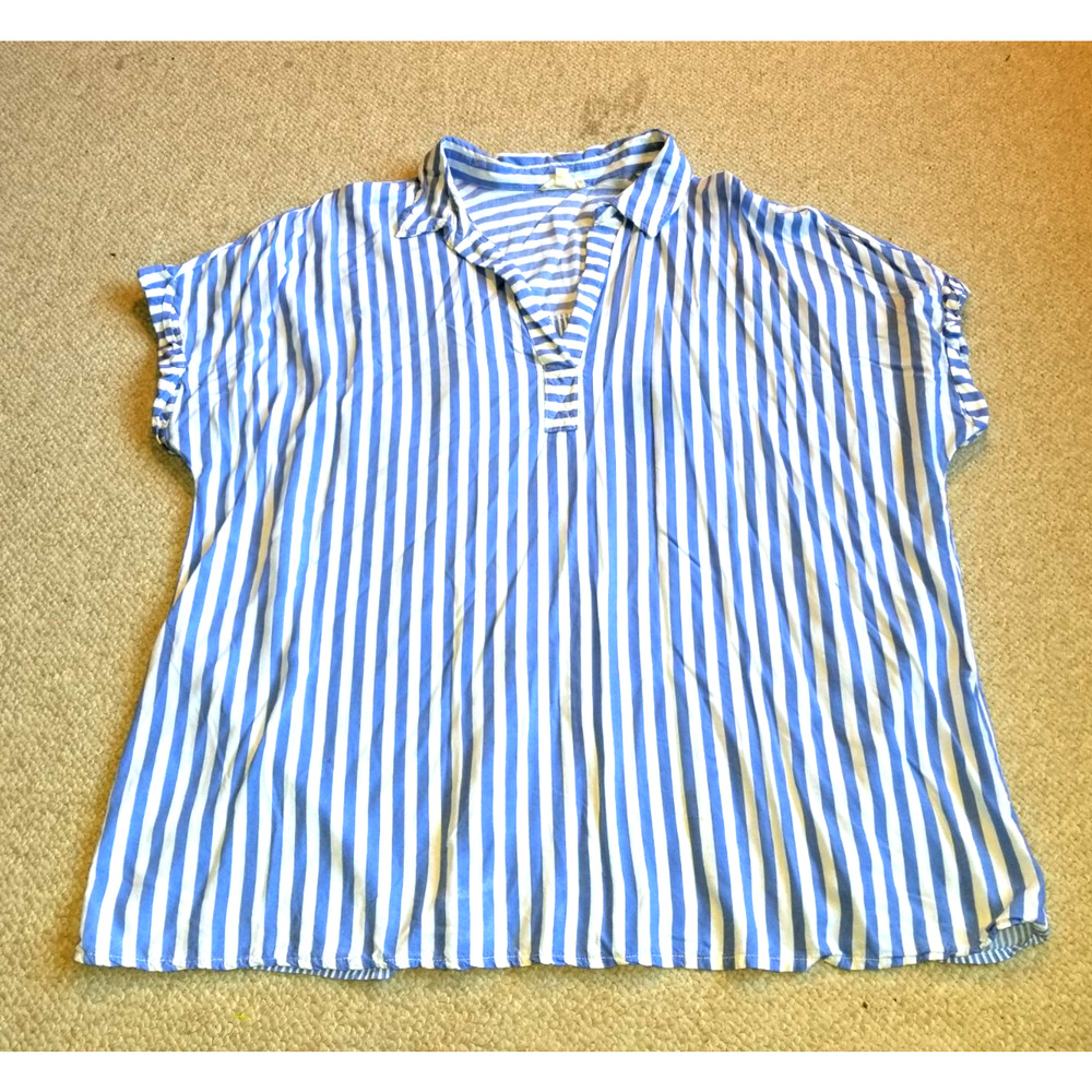 Womens Top-JANE AND DELANCEY-blue/white striped rayon collared cap slv tunic-2X